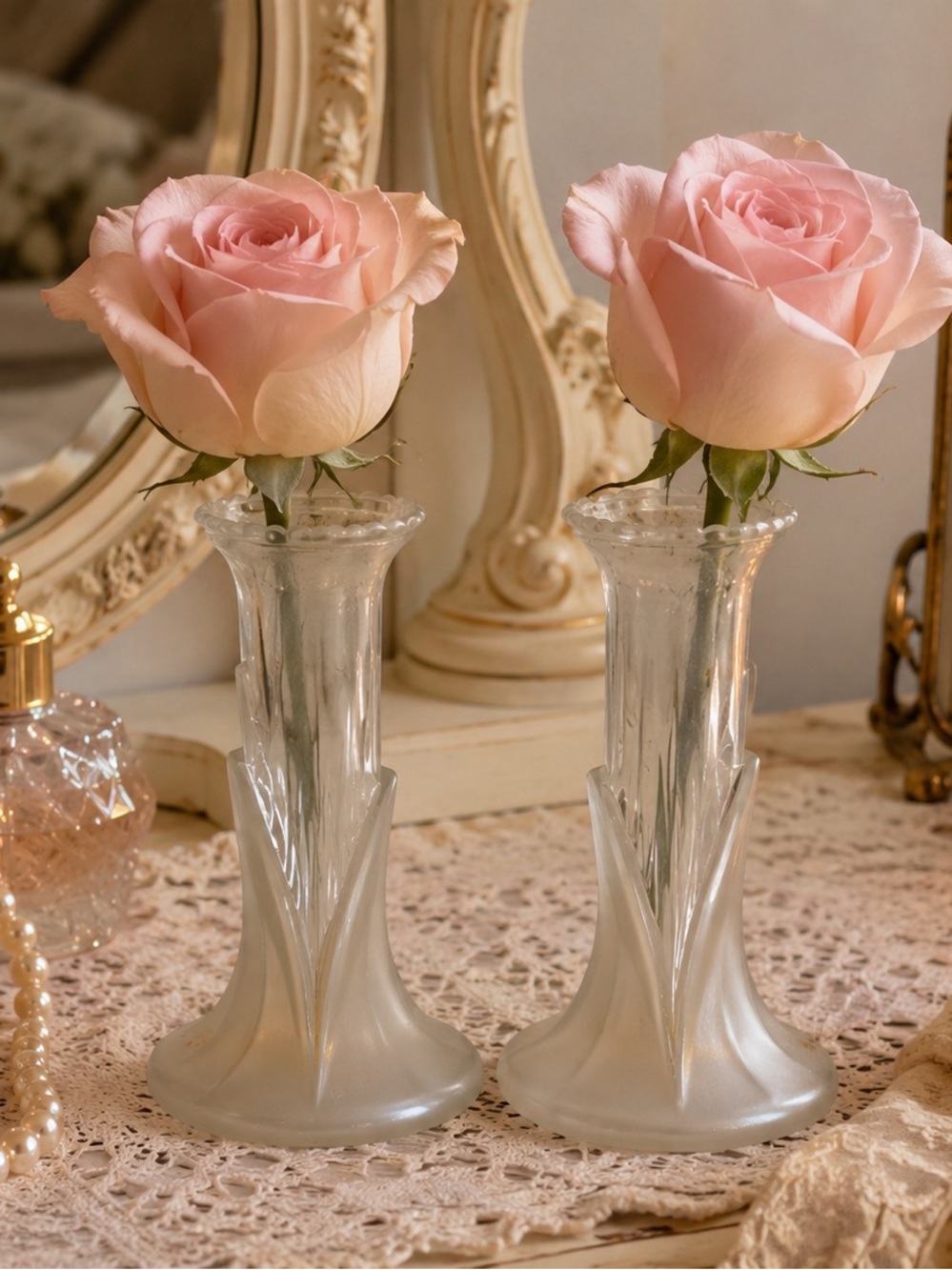 Pink Rose Decorative Pair of Glass Bud Vases